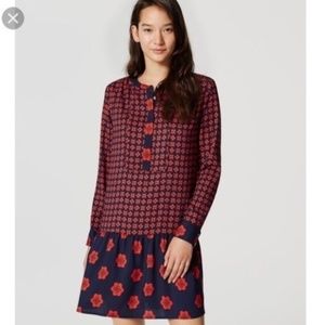 LOFT Navy Floral Dropwaist Flounce Dress